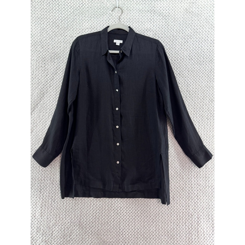 J Jill Love Linen Top Womens S Black Button Front Tunic Shirt Lagenlook Natural